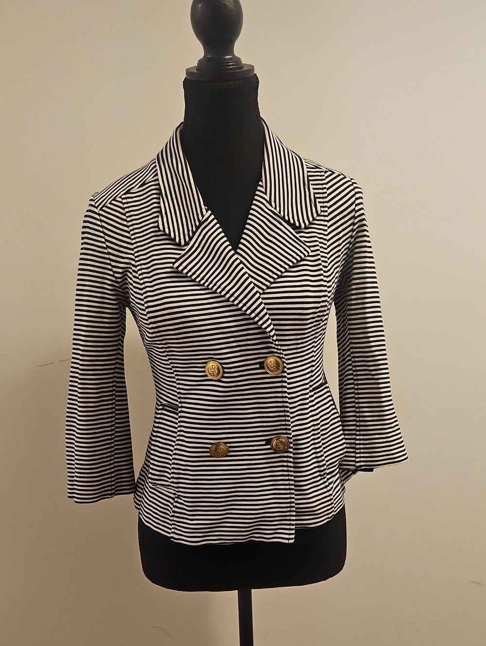 CAbi Black & White Striped Double-Breasted Blazer